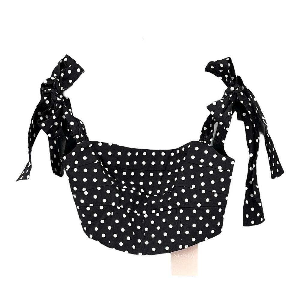 Sofia Women's 10 Daisy Corset Bodice Black White Polka Dot Pleated Tie Strap NWT